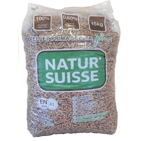 Pellet Natur'Suisse EN+A1 DIN+ 100 % harzig – Palette mit 70 Säcken à 15 kg